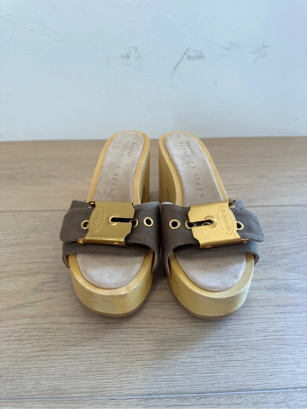Dr. Scholl's x Veronica Beard Hula Canvas Buckle Mule Clogs Wooden Platform